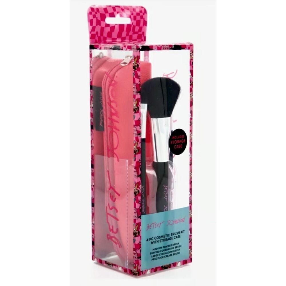 NWT Betsey Johnson Gorgeous 4Pcs Cosmetic Brush Kit Set with Storage Pink/Black